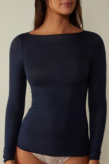 Intimssimi Boat Neck Modal Cashmere Ultralight Top Blue | SGQCS51881