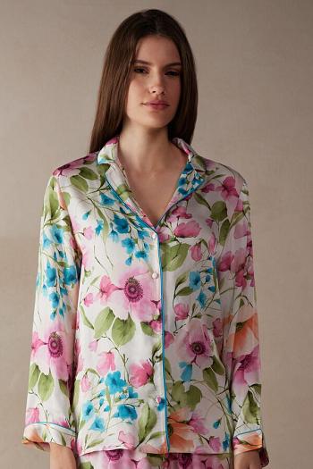 Intimssimi Botanical Lyrics Satin Button Up Shirt Print | MSGFT99800