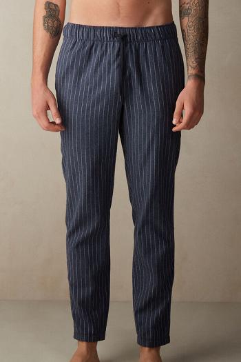 Intimssimi Full Length Pants in Denim Pinstripe Patterned Brushed Cloth Blue | YSGGT97436