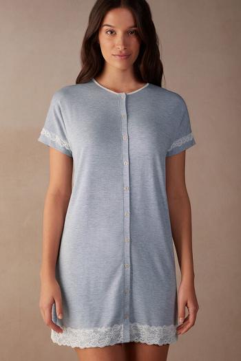 Intimssimi Lace Trim Button Up Nightgown Light Blue | USGTG38387