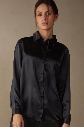 Intimssimi Long Sleeve Silk Shirt Black | ESGVG82443