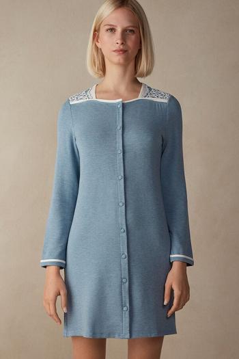 Intimssimi Romantic Bedroom Button Up Night Shirt in Modal with Wool Light Blue | USGTG73779