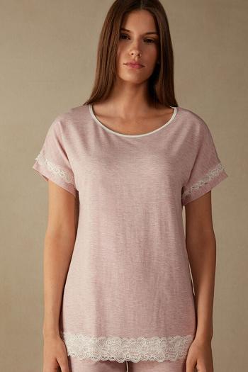 Intimssimi Short-Sleeve Modal Top with Lace Detail Pale Pink | SGNEJ40817