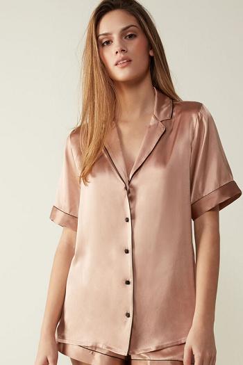 Intimssimi Short Sleeve Silk Shirt with Contrast Trim Natural | FSGHY62365