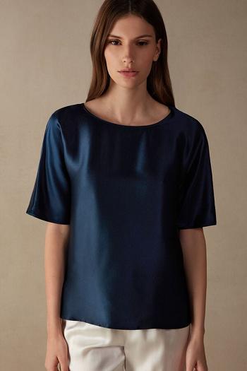 Intimssimi Short Sleeve Silk and Modal Top Blue | QSGWA26177