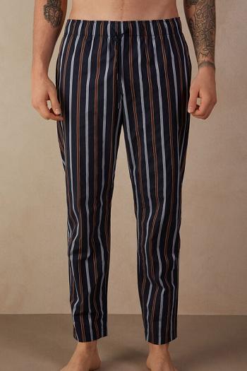 Intimssimi Striped Full Length Pants in Plain-weave Cotton Blue | SGQCS93903