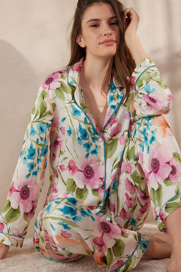 Intimssimi Botanical Lyrics Satin Button Up Shirt Print | MSGFT99800