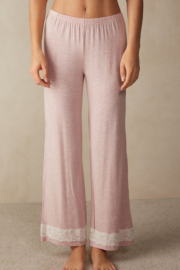 Intimssimi Lace Trim Full Length Pants in Modal Pale Pink | SGEGJ70336