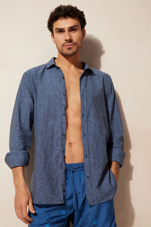 Intimssimi Linen and Cotton Shirt Blue | SGJBT94150