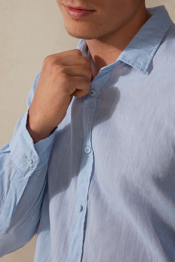 Intimssimi Linen and Cotton Shirt Light Blue | PSGQX71644