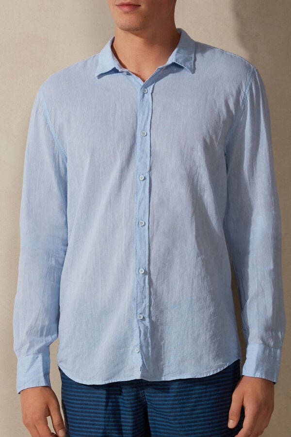 Intimssimi Linen and Cotton Shirt Light Blue | PSGQX71644