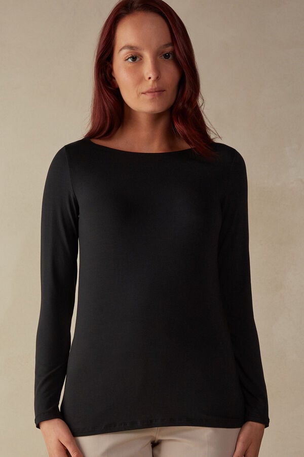 Intimssimi Long Sleeve Bateau Neck Top in Micromodal Black | TSGWZ99935