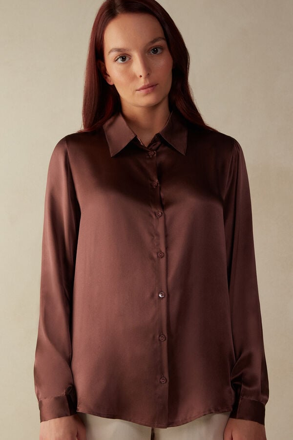 Intimssimi Long Sleeve Silk Shirt Brown | MSGFT58295