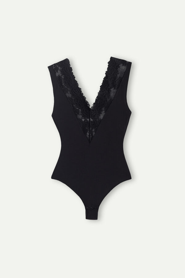 Intimssimi Pretty Flowers V-neck Bodysuit Black | SGJZR89694