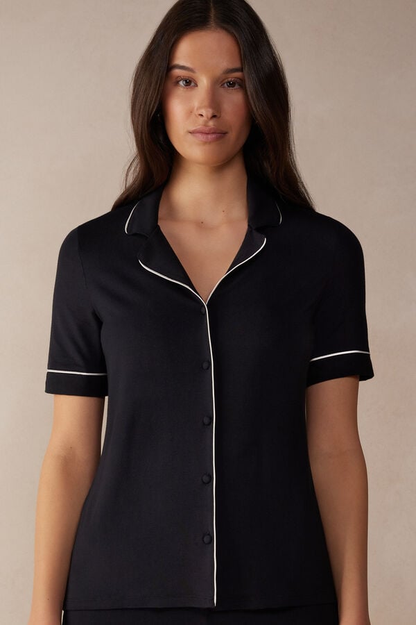 Intimssimi Short Sleeve Button Up Shirt in Modal Black | LSGSX23871