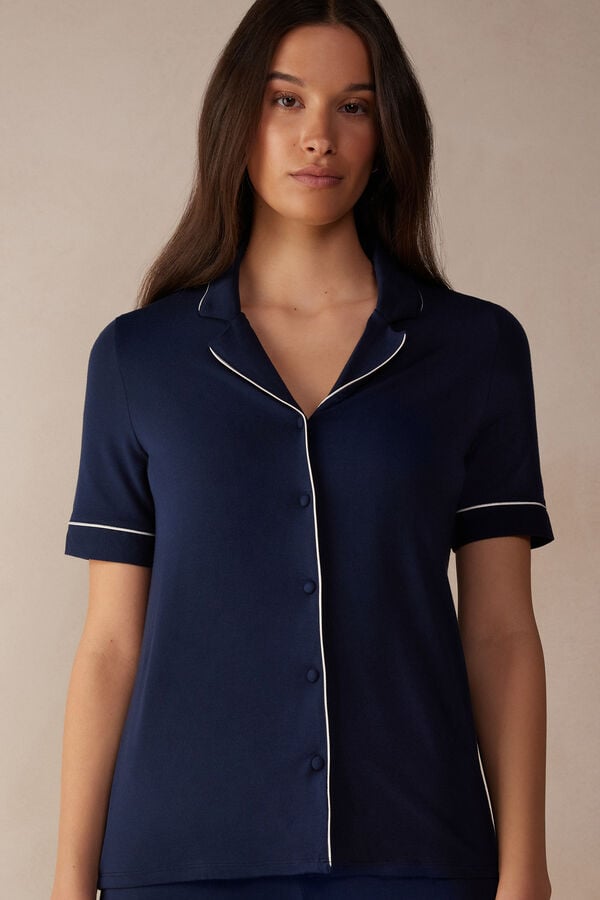 Intimssimi Short Sleeve Button Up Shirt in Modal Blue | SGCIF91547