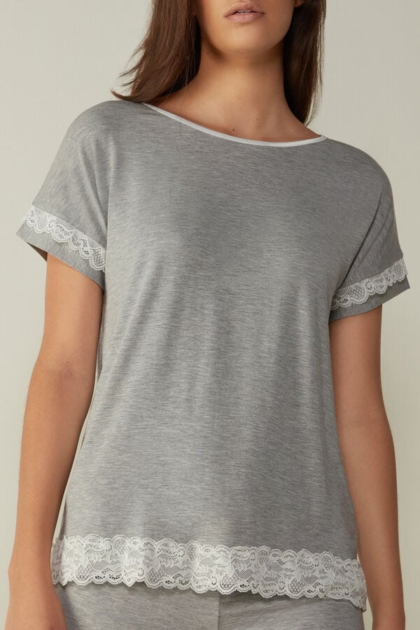 Intimssimi Short-Sleeve Modal Top with Lace Detail Grey | SGXBR45751