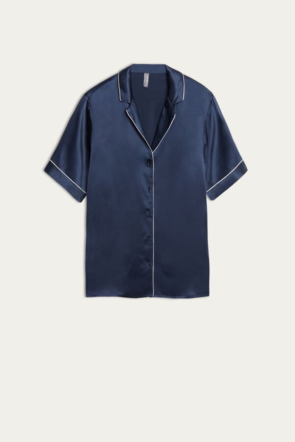 Intimssimi Short Sleeve Silk Shirt with Contrast Trim Blue | LSGSX19150