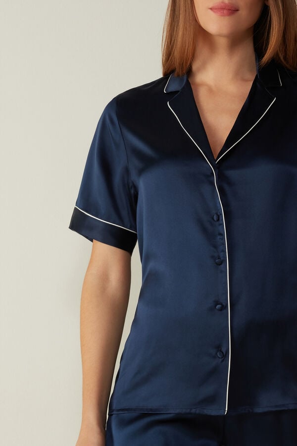 Intimssimi Short Sleeve Silk Shirt with Contrast Trim Blue | LSGSX19150