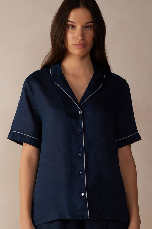 Intimssimi Yacht Night Linen Short Sleeve Shirt Blue | LSGSX34324